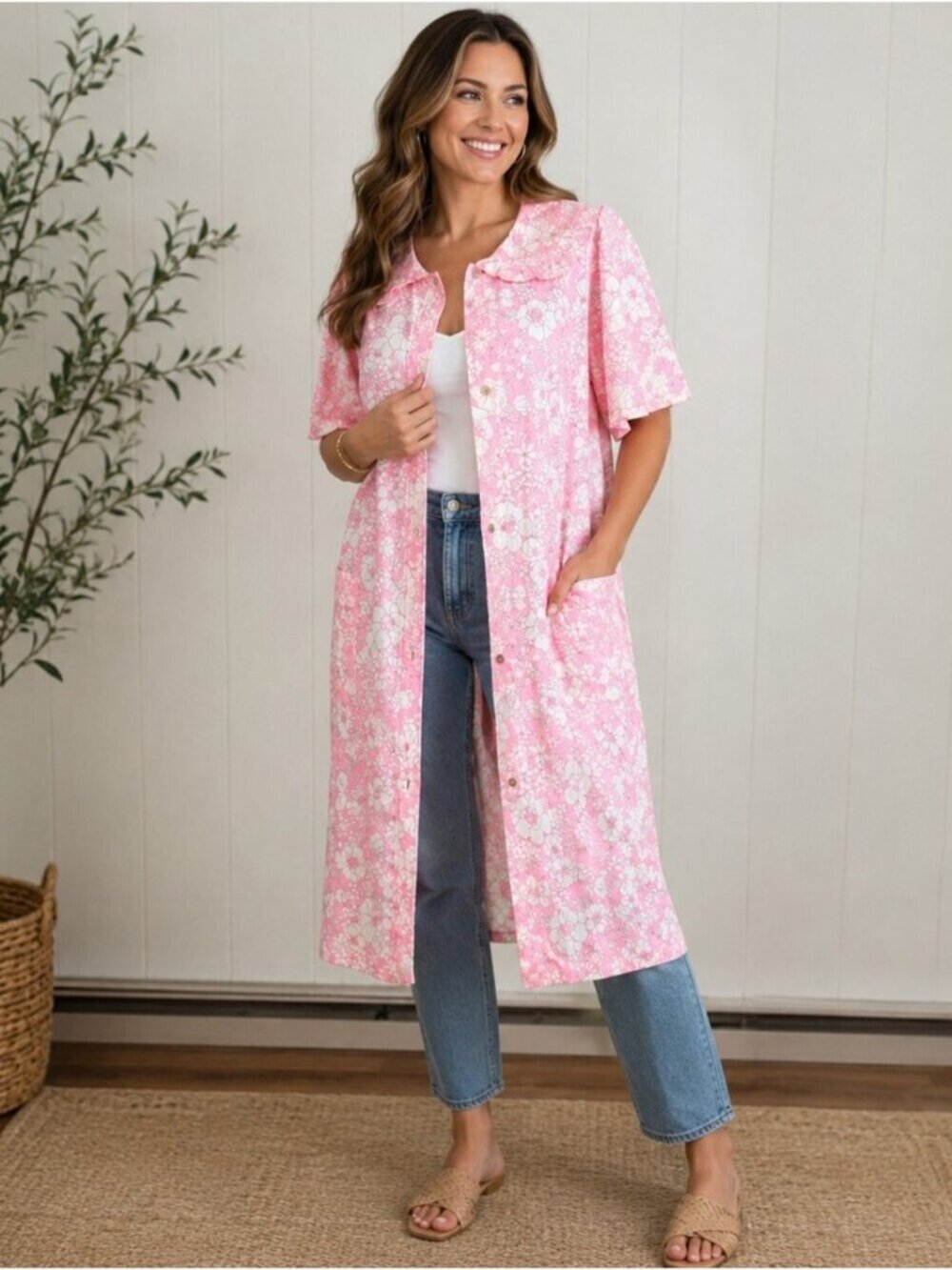 Vintage 1960s Pink Floral Duster Housecoat